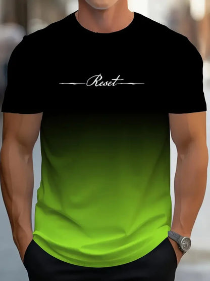 Men's Gradient 3D Printed T-Shirt – Reset Letter Design, Quick Drying, Casual Sports Summer Top (Plus Size)