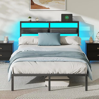 LED Bed Frame with Charging Station – Black Metal Platform Bed Frame with Headboard, Custom Design Modern Storage & Lighting Bed