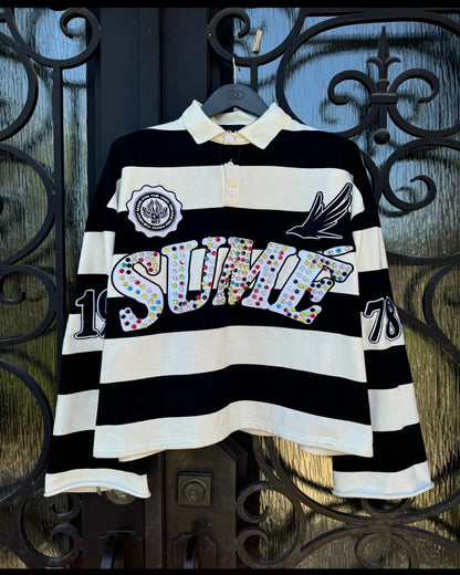 Sume Autumn Men’s Hip Hop Polo Shirt — Y2K Retro Long Sleeve Klein Stone Stripe Lapel Tee