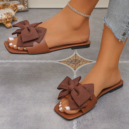 Women's Bow Tie Flat Slippers - Casual Summer Beach Sandals