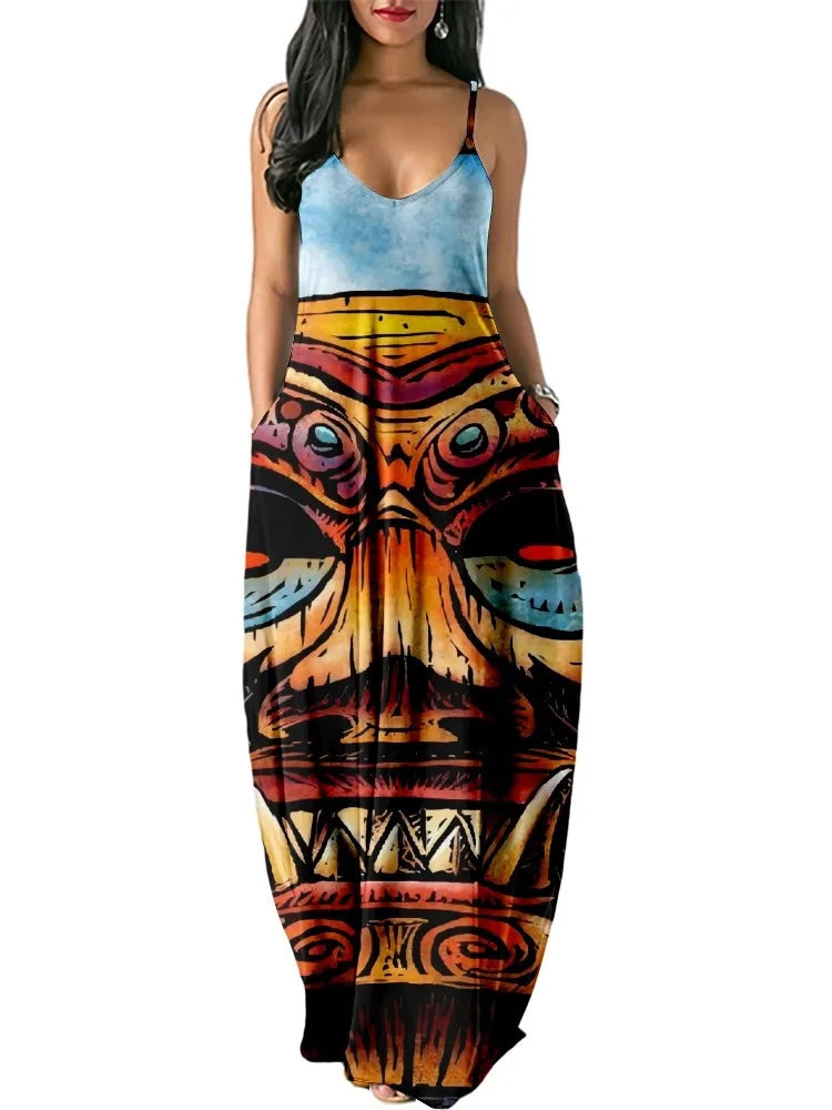 Women’s World Map Beach Dress – Elegant Sexy Long Sundress with Irregular Hem, Sleeveless Spaghetti Straps, Plus Size Summer Dress