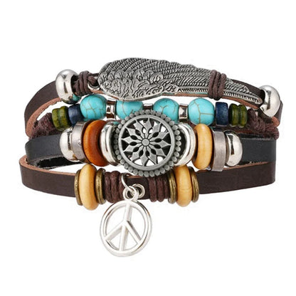 Vintage Gothic Punk Moon & Star Metal Bracelet - Multilayer Leather Bangle for Men, Leaf & Sun Arm Jewelry
