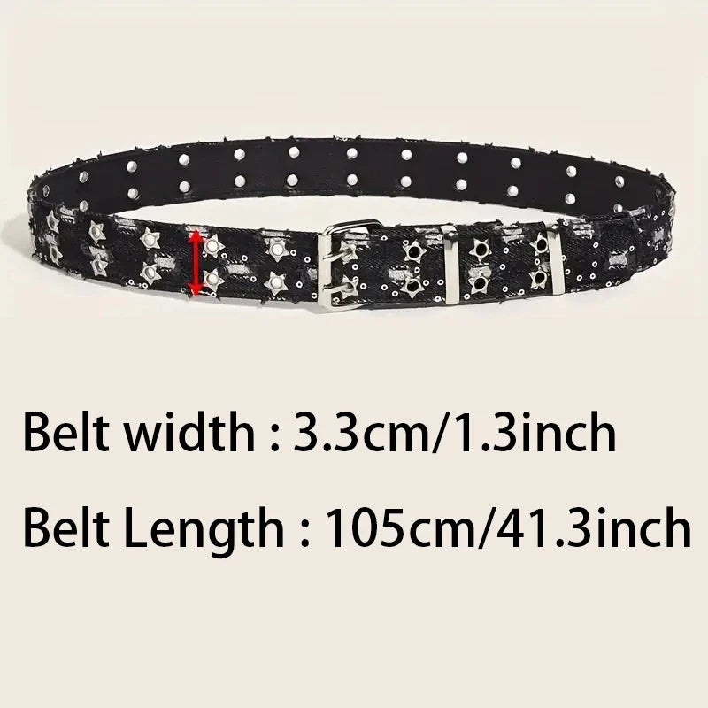 Y2K Punk Star Belt - Black Denim Hip Hop Hollow Buckle Waistband for Men & Women