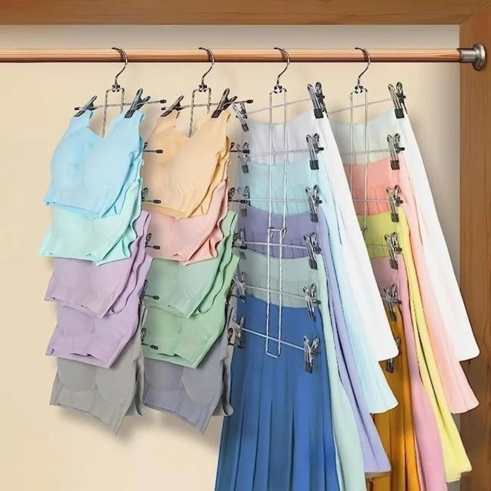 6-Layer Metal Clothes Hanger – Non-Slip Skirt & Trouser Rack with Clips for Clothing Storage