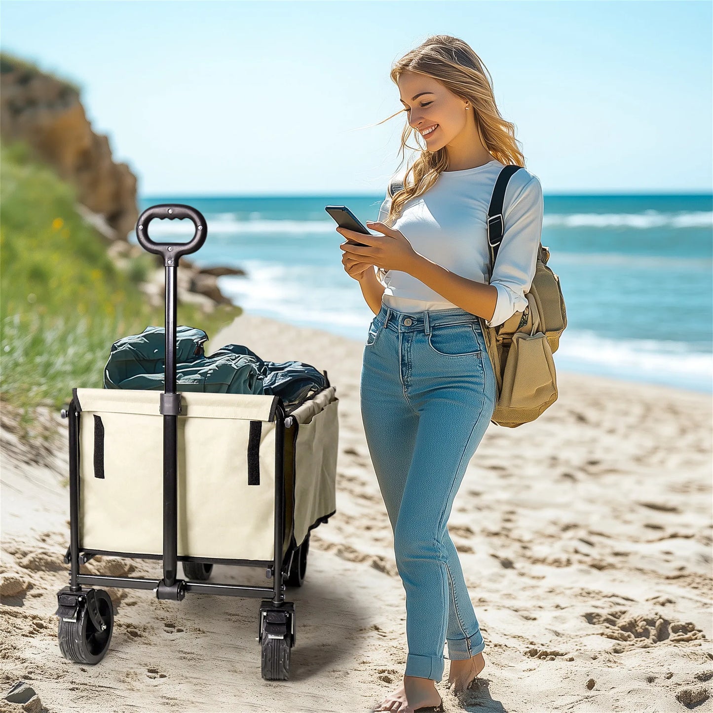 Wisfor Heavy Duty Foldable Wagon Cart — 440 Lbs Capacity, Adjustable Handle for Camping, Shopping & Beach