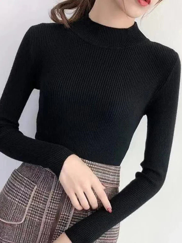 Autumn Winter Women's Mock Neck Sweater - Vintage Solid Knitted Casual Slim Pullover, Chic Korean Jumper Tops