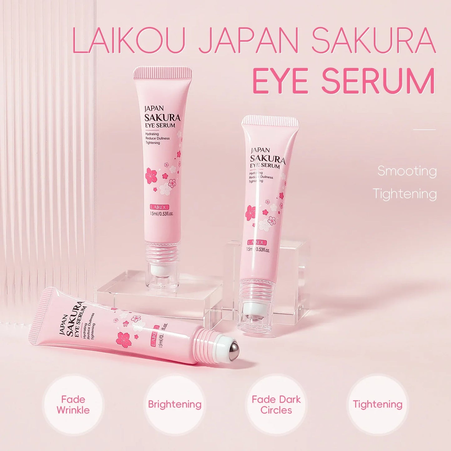 LAIKOU Sakura Eye Serum Roller — Hyaluronic Acid Moisturizing Cream for Eye Bags & Dark Circles, 15ml
