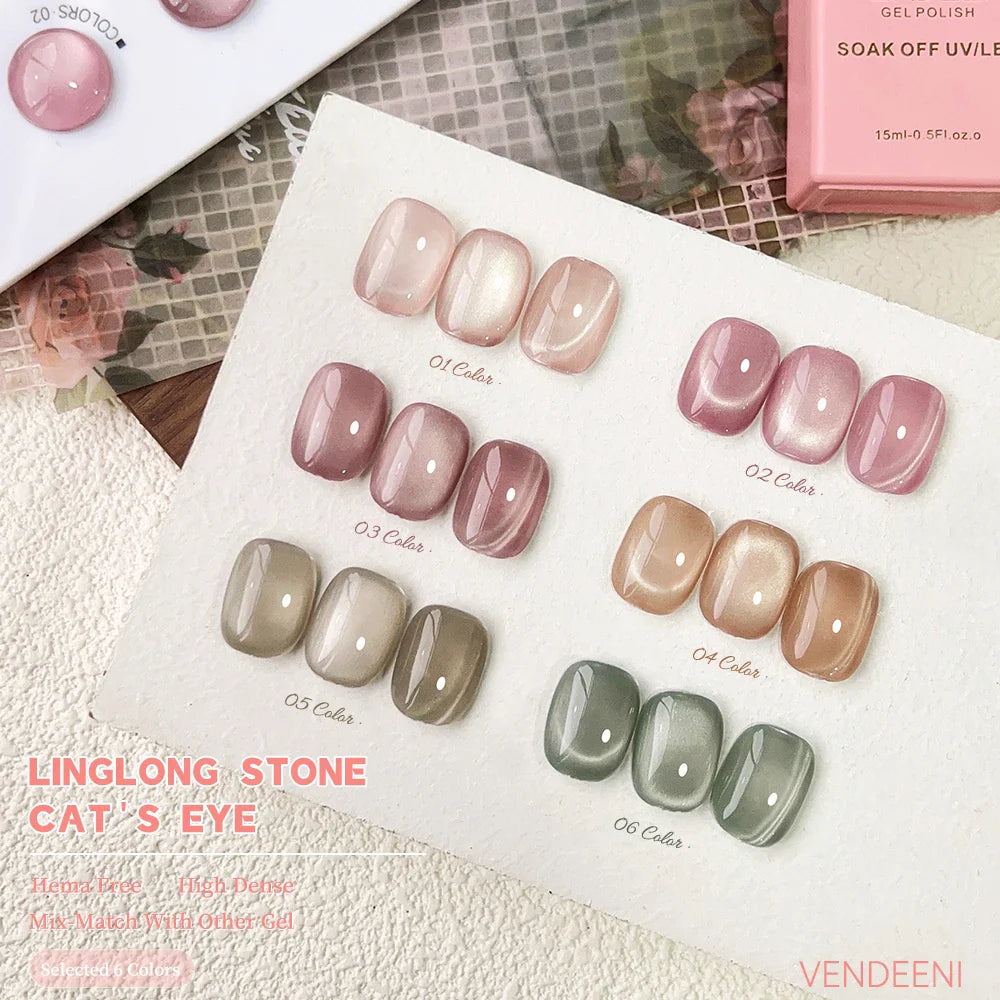 Vendeeni 6-Color Magnetic Cat Eye Gel Nail Polish Set – Pink UV LED Soak-Off Gel with Crystal Effect & Display