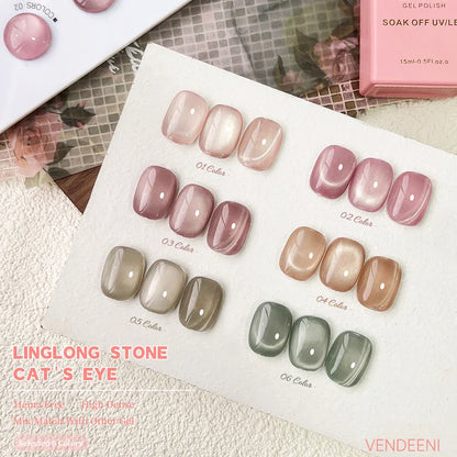Vendeeni 6-Color Magnetic Cat Eye Gel Nail Polish Set – Pink UV LED Soak-Off Gel with Crystal Effect & Display