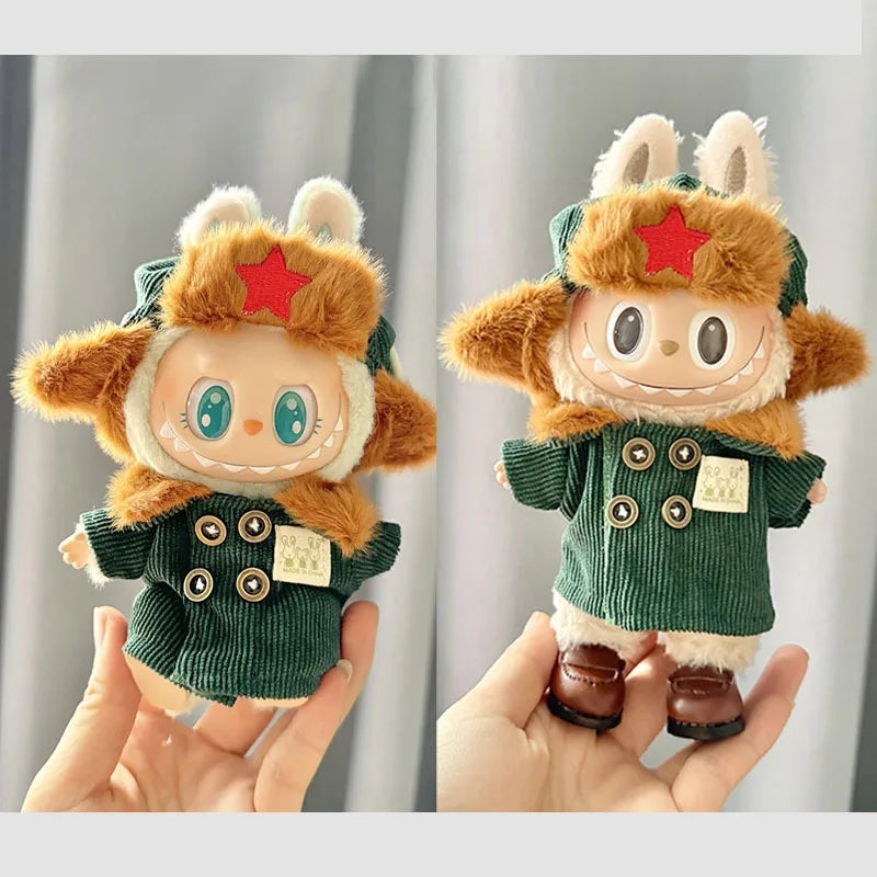 17cm Labubu Monster Doll Clothes – DIY Army Green Coat & Red Star Hat Outfit Accessories