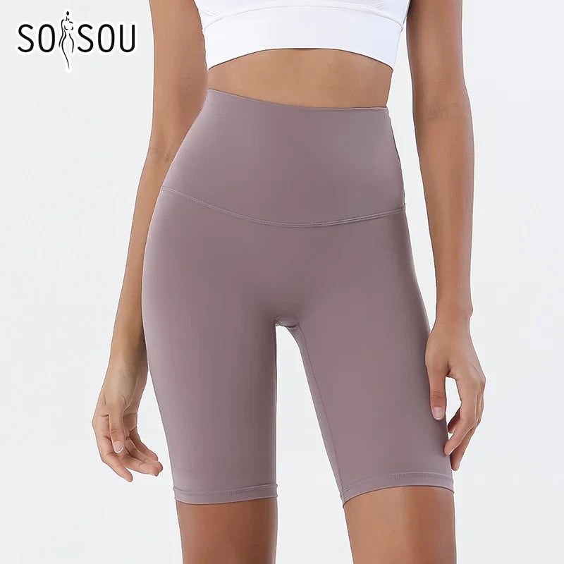SOISOU Women’s High Waist Nylon Sports Shorts – Breathable No-Show Seamless Yoga, Gym & Cycling Fitness Shorts (24 Colors)