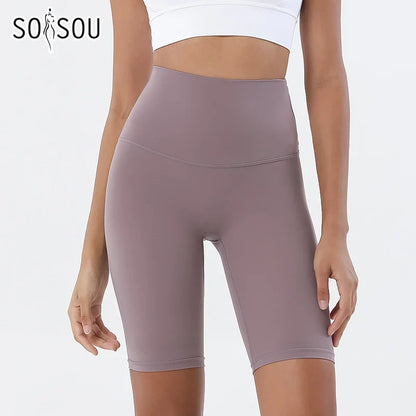 SOISOU Women’s High Waist Nylon Sports Shorts – Breathable No-Show Seamless Yoga, Gym & Cycling Fitness Shorts (24 Colors)