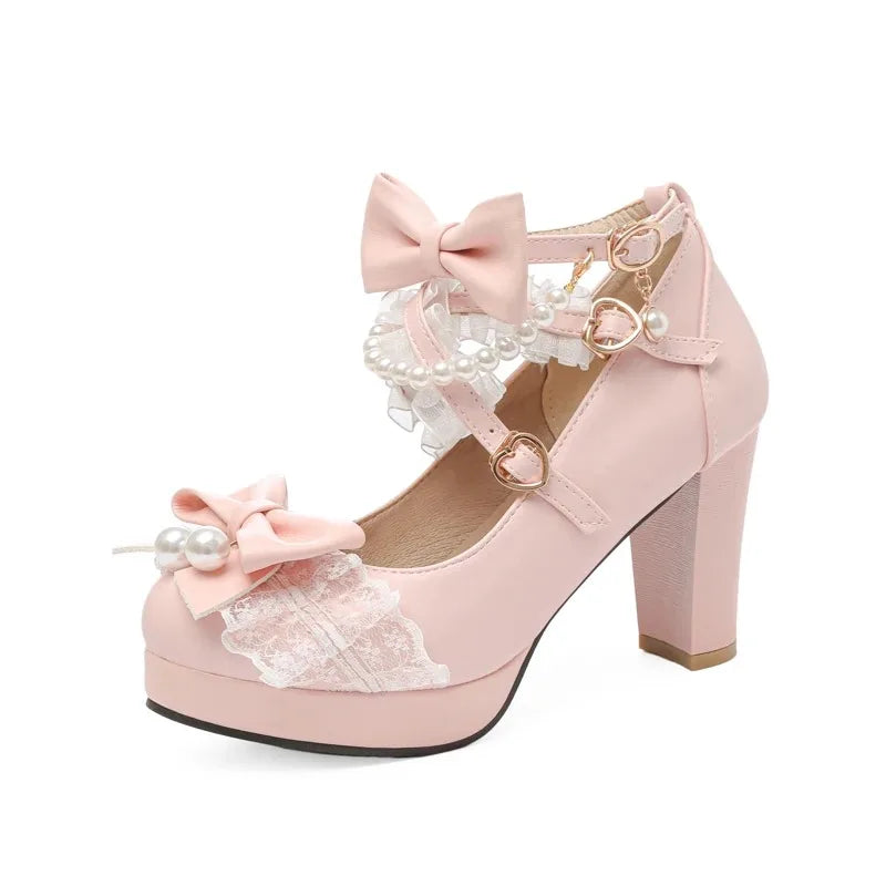 Women’s Cross Strap Mary Jane High Heels – Party, Wedding, Cosplay Lolita Pumps in White, Pink, Black, Strawberry Bow 2025