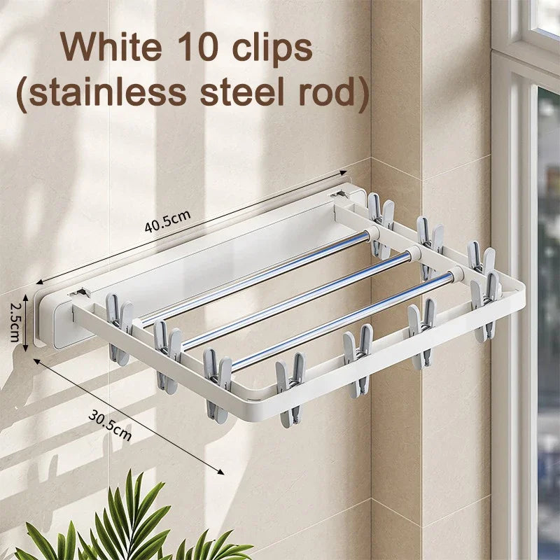 Wall-Mounted Folding Drying Rack with Windproof Sock Clips – Space-Saving Clothing Hanger for Household Laundry