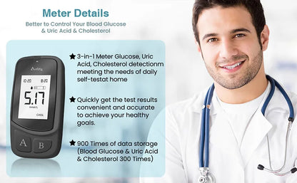 3-in-1 Multifunction Cholesterol, Uric Acid, and Blood Glucose Meter – Diabetes, Gout, and Blood Sugar Monitor with Test Strips