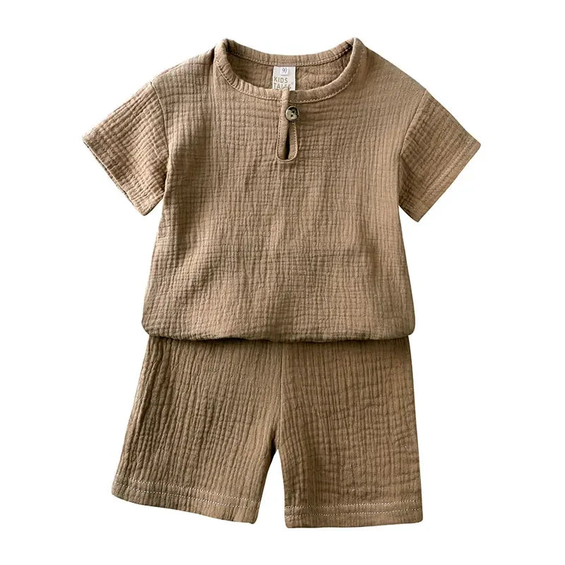 Cotton Linen Kids Summer Outfit – Solid Color Short Sleeve Tops & Shorts for Boys & Girls (Ages 2-7)