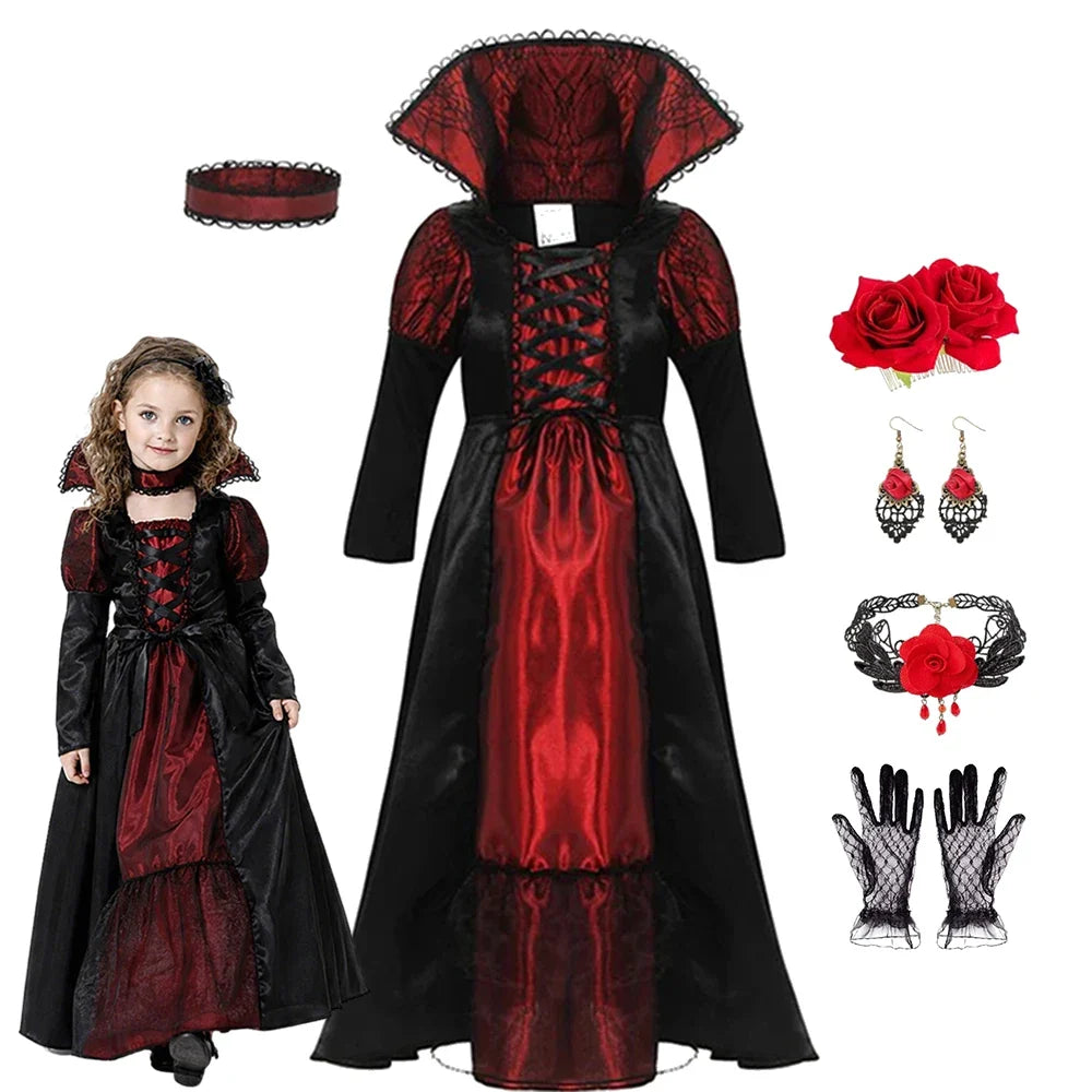 Girls Vampire Queen Costume - Black & Red Vintage Long Dress with Collar for Halloween & Cosplay