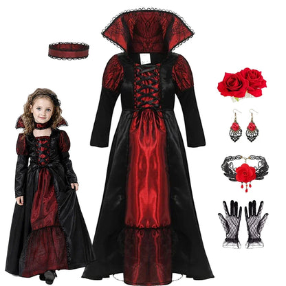 Girls Vampire Queen Costume - Black & Red Vintage Long Dress with Collar for Halloween & Cosplay