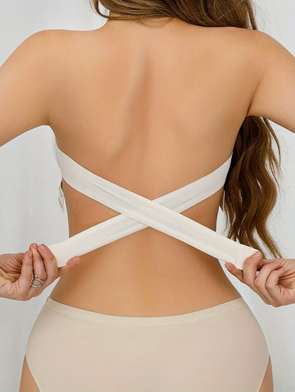 Strapless Bra with Side Clasps – Nylon Knit Fabric, Removable Padding & Crisscross Strap Details