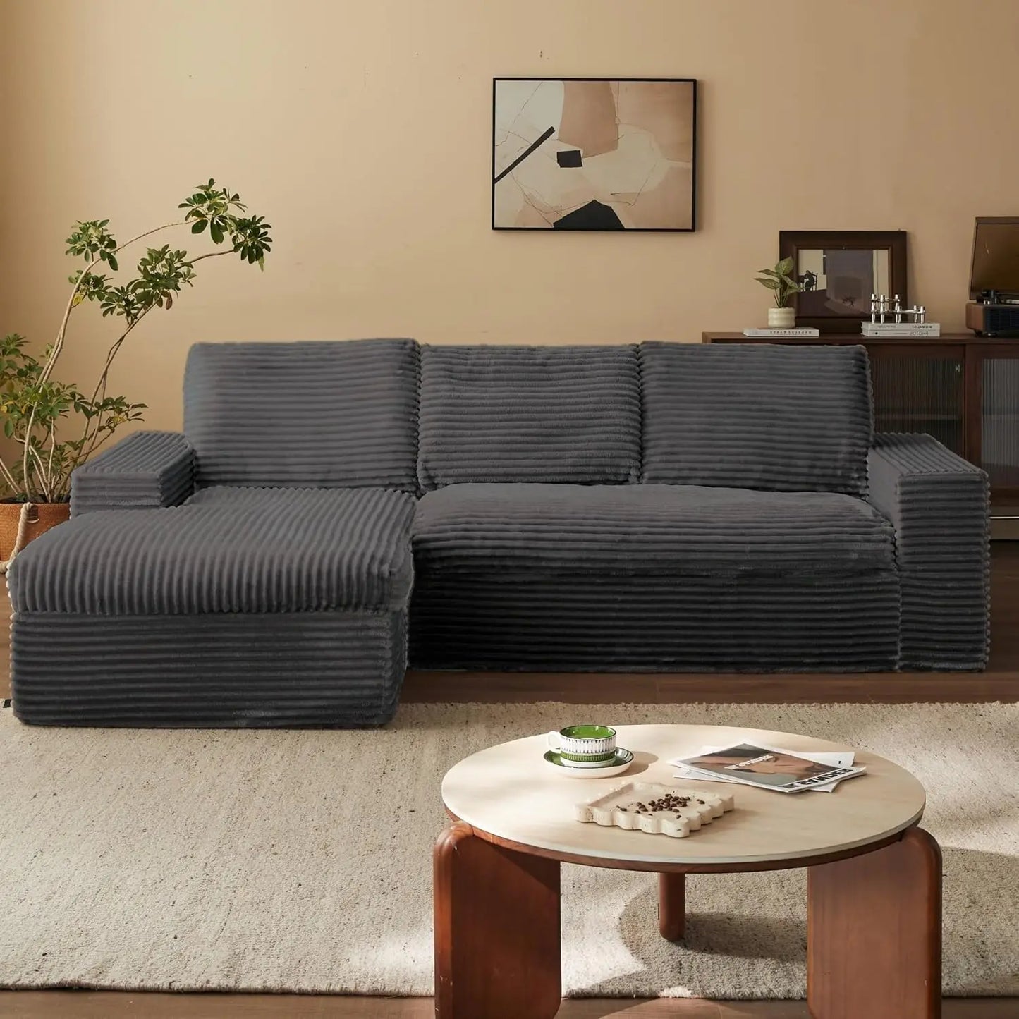 104'' Cloud Modular Sectional Sofa – Deep Seat Corduroy Couch with Chaise, Memory Foam Fluffy Boneless Living Room Sofa