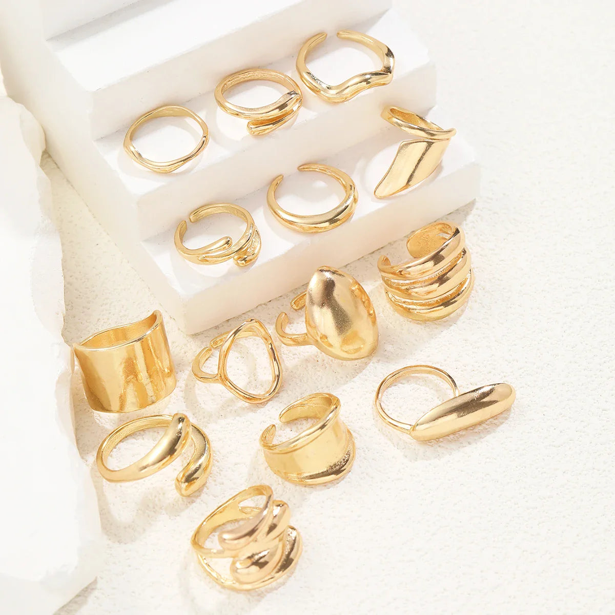 14pcs Gold Geometric Rings Set for Women – Wide Face Smooth Asymmetrical Fashion Jewelry Gift
