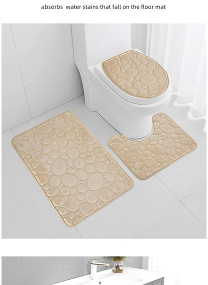 Solid Color Simple Bathroom Mat Set - Water-Absorbing, Non-Slip Stone Pattern, Comfortable & Soft (3PC)