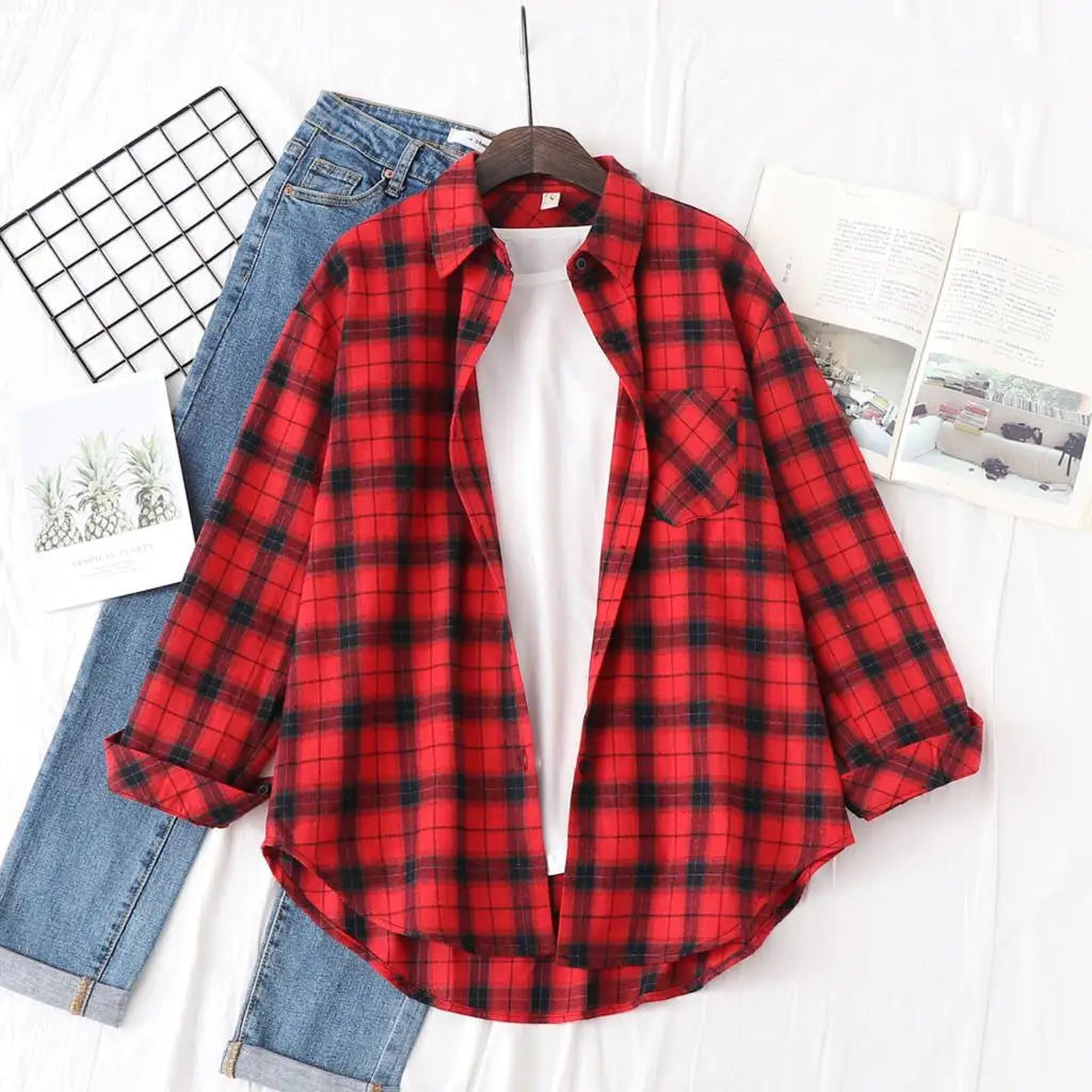 2025 Women’s Flannel Plaid Shirt – Casual Loose Cotton Long Sleeve Blouse, Designer Style Tops