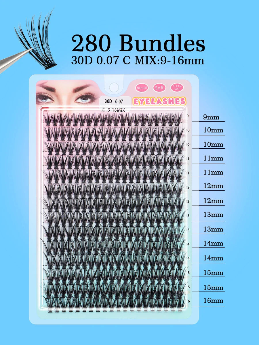 Individual Cluster Lashes – 20-100D Natural Look DIY Eyelash Extensions, 280pcs Mixed Tray Volume Lashes