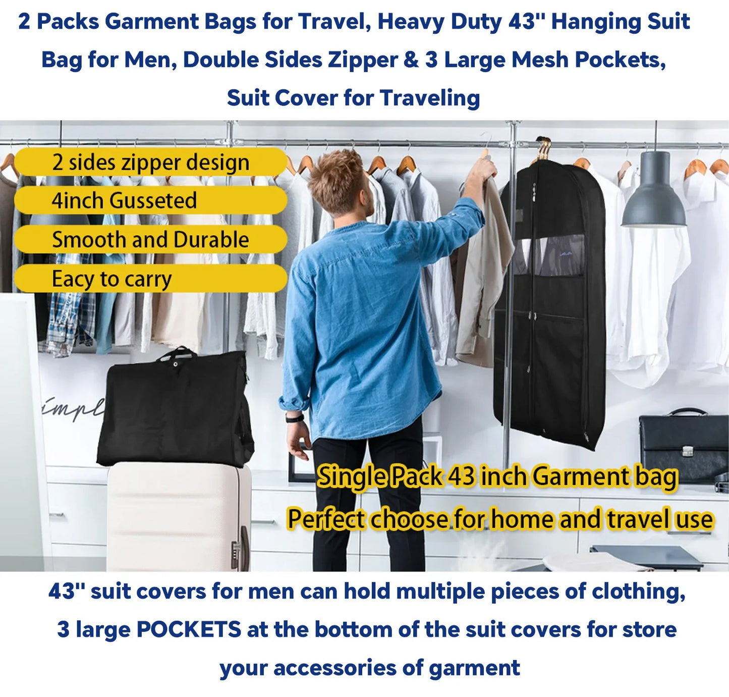 Travel Garment Bags for Men — Hanging Clothes Storage with Double-Sided Zipper & Large Mesh Pockets, Monogrammed