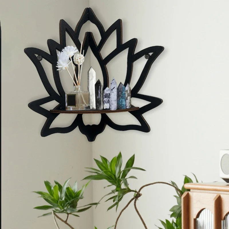 Wooden Lotus Hollow Decorative Rack – Wall-Mounted Aromatherapy Organizer and Essential Oil Candle Holder | Corner Shelf