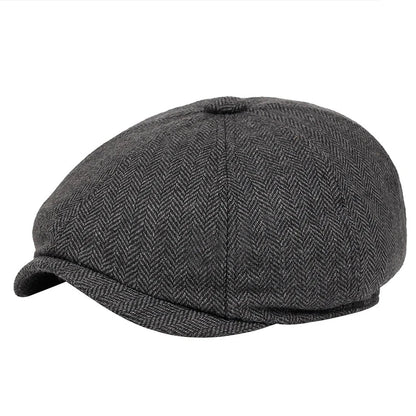 Men's Retro Newsboy Cap - Octagonal Flat Hat with Herringbone Design, British Painter Style Beret for Autumn and Winter