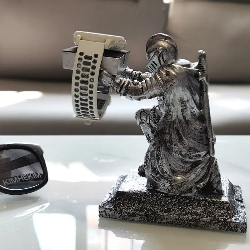 Apple Watch Charging Dock Stand – Cartoon Desktop Smartwatch Holder with Black Warrior Figurine Support