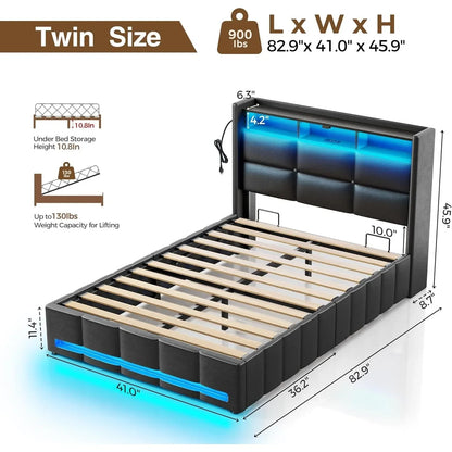 Twin Size Bed Frame with Lift-Up Storage – Charging Station, LED Lights & Upholstered Headboard, Heavy Duty Wooden Slats