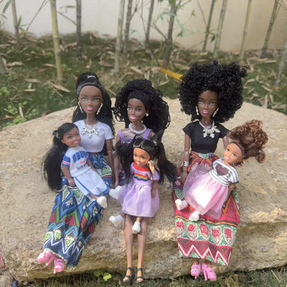 Kawaii African Girls Doll Set — 30cm Mother & 14cm Daughter with Clothes, DIY Kids Toy Birthday Gift