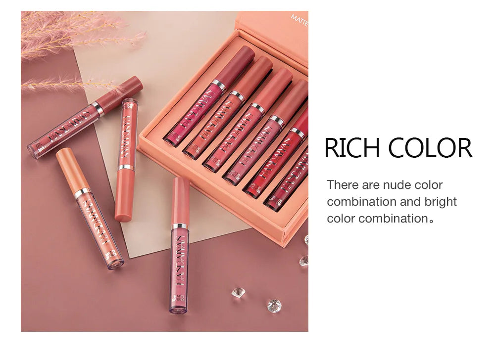 HANDAIYAN 6-Piece Matte Lipstick Set – Waterproof, Long-Lasting, Non-Stick Cup Korean Makeup for Women