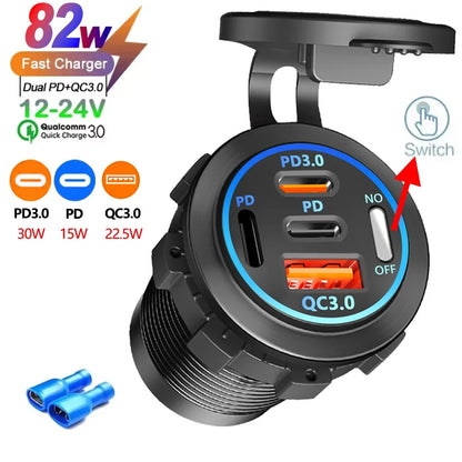 USB Car Charger 12/24V - Dual Socket PD3.0 & QC3.0 Fast Charging Station with LED Voltmeter Switch