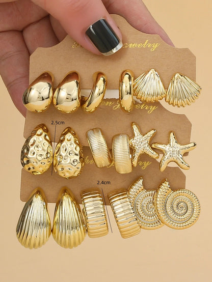 3–6 Pair Fashion Earrings Set – Gold Starfish, Seashell, Water Drop & C-Shape Textured Earrings for Travel & Vacation Style Jewelry