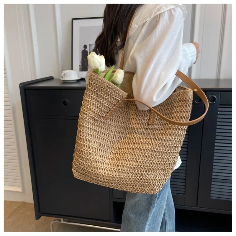 Women’s Hand-Woven Straw Shoulder Bag – Bohemian Summer Beach Tote & Travel Shopper 2025 Fashion Weave Handbag