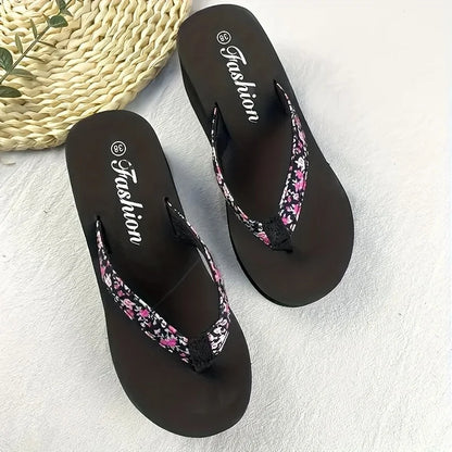 Women’s Floral Platform Flip Flops - Lightweight Non-Slip Breathable Open-Toe Beach Slippers