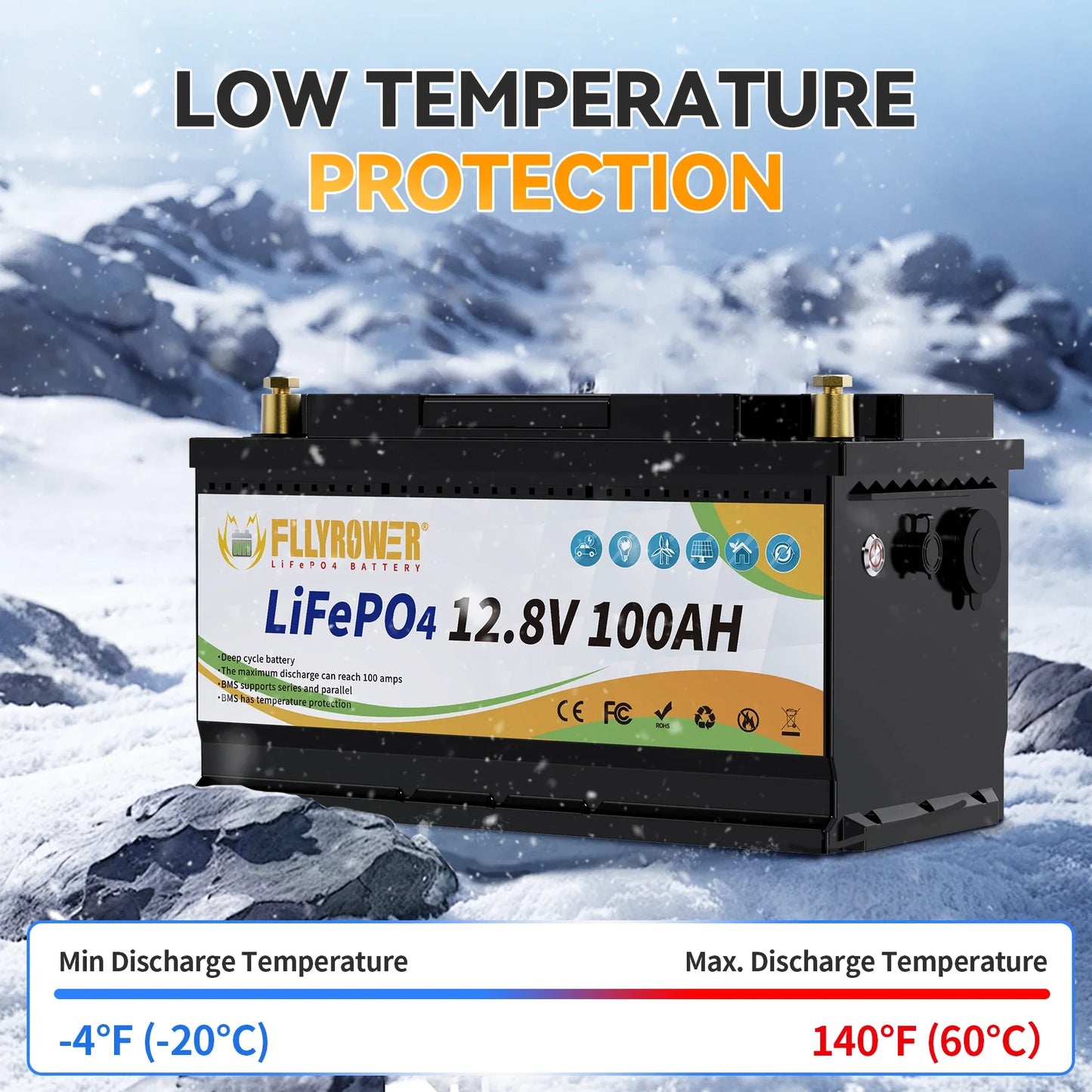 12V 100Ah LiFePO4 Battery Pack – 12.8V Lithium Iron Phosphate with 100A BMS for RV, Boat, Inverter, Solar & Wind Power Systems