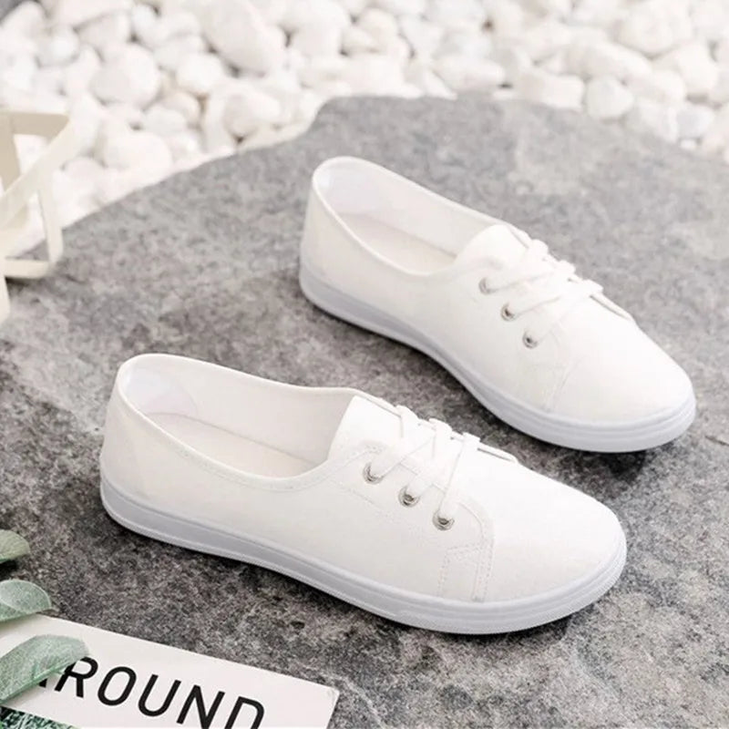 Lady Classic Round Toe White Canvas Shoes | Comfortable Lace-Up Street Sneakers for Students