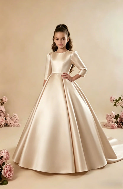 Girls First Communion Satin Dress - Long Sleeve A-Line Princess Gown for Weddings & Parties