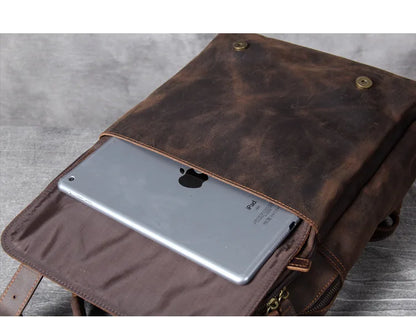 Vintage Crazy Horse Leather Backpack for Men — 17" Laptop Travel Rucksack Cowhide Hiking Bag M815