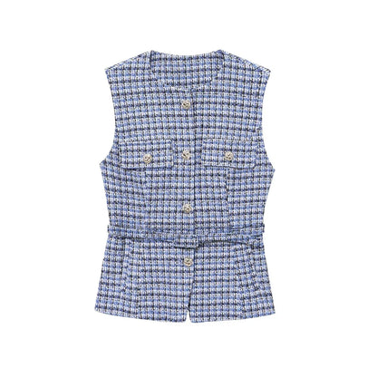 TRZA Women’s Tweed Waistcoat — Sleeveless O-Neck Top with Belt & Front Buttons, Chic Fashion Outerwear