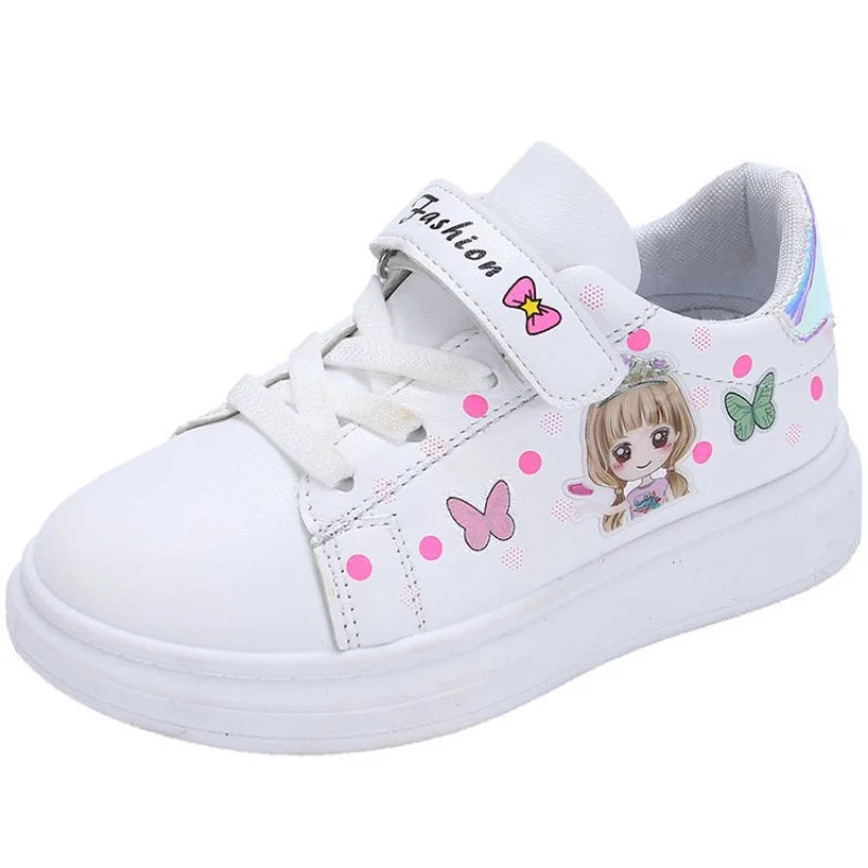 Kids White Leather Sneakers - Casual Spring Shoes for Girls, Soft Board-Style Footwear