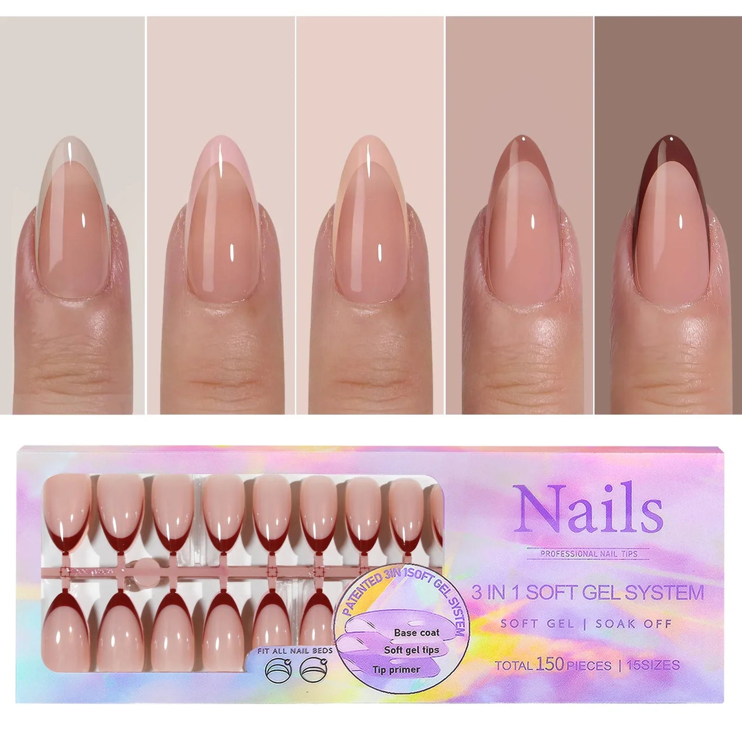 150pcs Fake Almond French Nails – Multi-Size Press-On Acrylic Nails in 6 Colors, Removable & Convenient