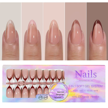 150pcs Fake Almond French Nails – Multi-Size Press-On Acrylic Nails in 6 Colors, Removable & Convenient