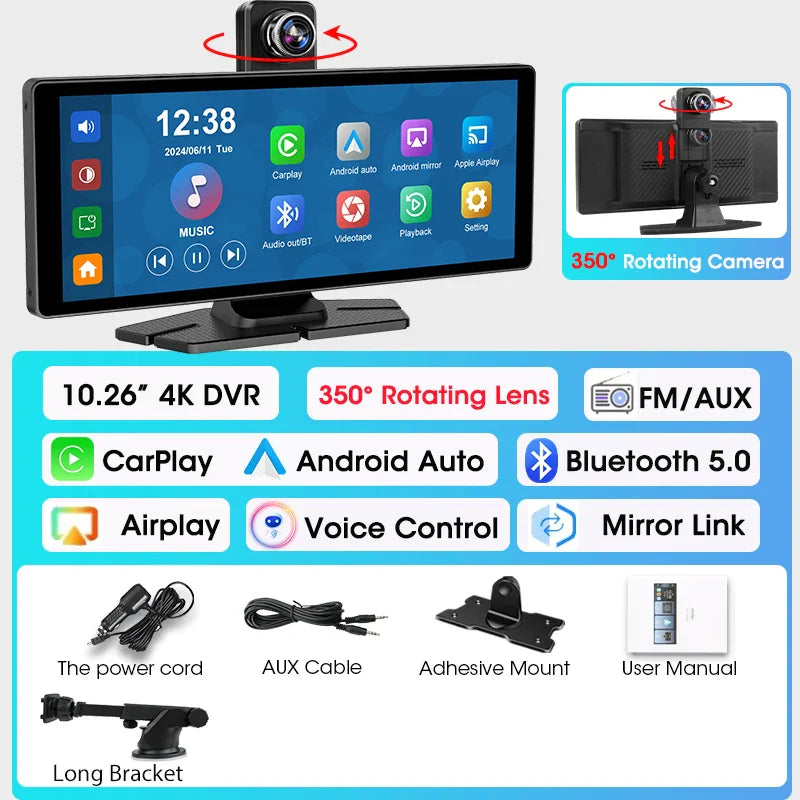 7"/10.26" 4K Dash Cam — Car DVR with Wireless CarPlay, Android Auto, 350° Rotating Lens, GPS & Bluetooth