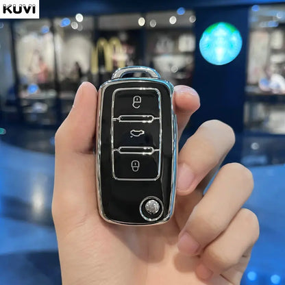 Leather TPU Car Key Case Cover for Volkswagen & Skoda – Fits Polo, Golf, Passat, Tiguan, Beetle, Caddy, T5, Up, Eos, Octavia, Seat Leon, Altea