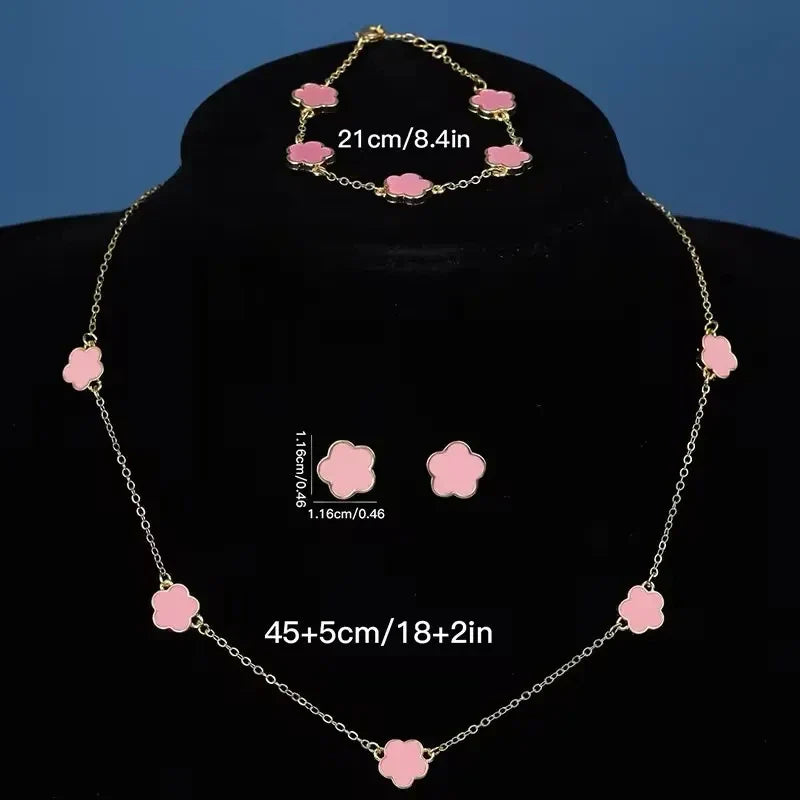 Lucky Five-Petal Flower & Clover Bracelet, Earrings, Necklace Set – Stylish Women's Party Jewelry Accessories